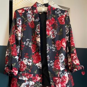Loft Womens Blazer Floral Print Tie 3/4 Sleeve Open Front Lined Jacket